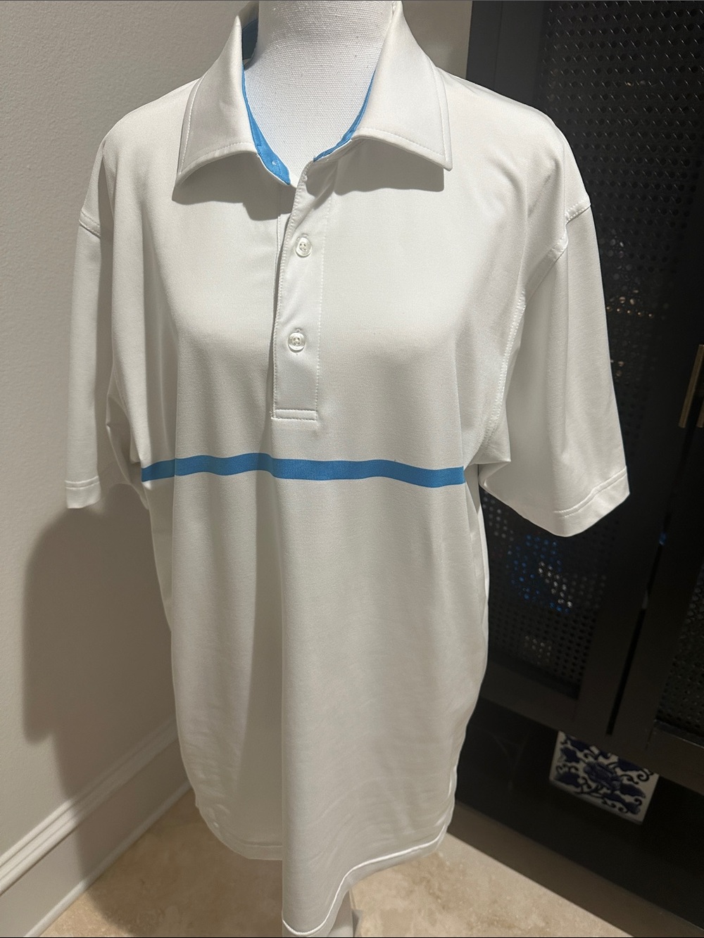 Men's White Polo with Sky Blue Stripe